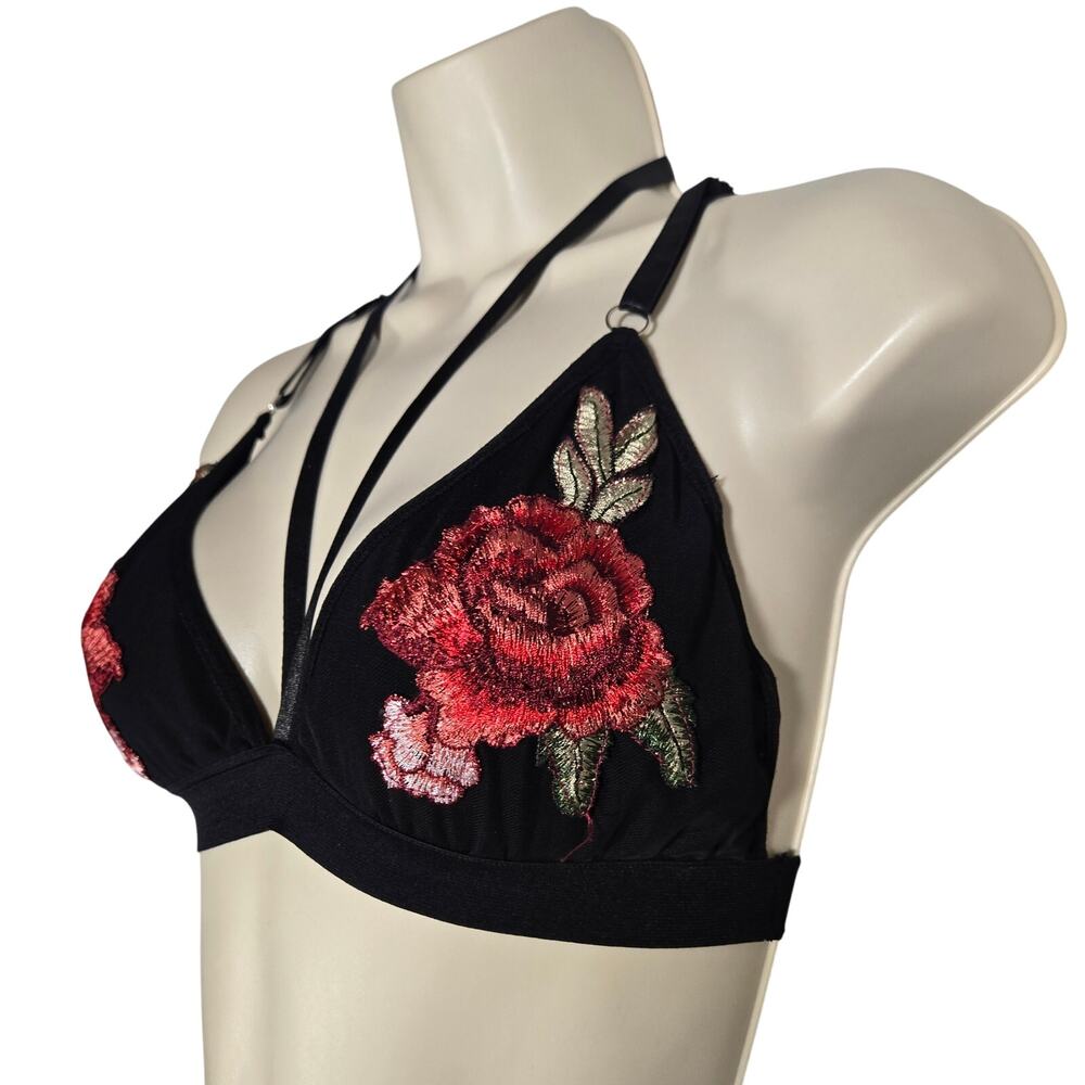 Vtg Rose Embroidered Mesh Strappy Bralette Elastic Romantic Lingerie Goth Fairy